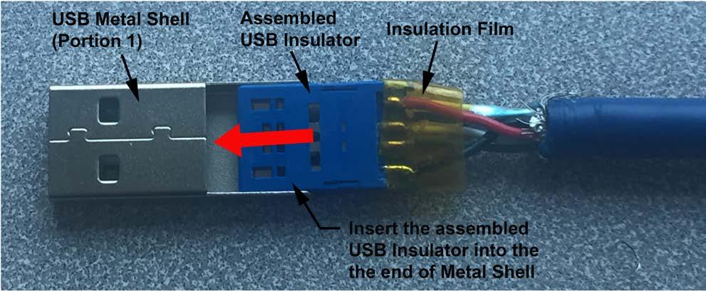 Step 4: Insert the assembled USB3.0 Insulator into the metal shell portion 1 all the way to end.