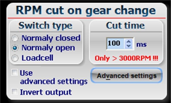 7. Advanced setting cut times With the box [Cut time] you can set the time that the relay is active. The time that is needed depends on the type of engine and ratio s in the gearbox.