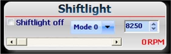 8.Shiftlight In this box the shift light rpm and mode can be set. With the slide bar in this box it is possible to see a demo of the different modes in the display box.