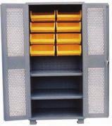 Lockable doors, with lever handle, 3 point locking system. Doors open 180 4" high legs have bolt holes to secure to floor. Legs allow moving unit with fork lift truck.