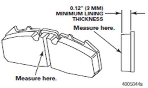 FIGURE 26 Brake Pad Inspection Meritor EX225 brake pad dimension Knorr-Bremse brake pad dimension A B C D E Thickness of a new pad (1.18 in. [30 mm]) Backing plate thickness (0.36 in.