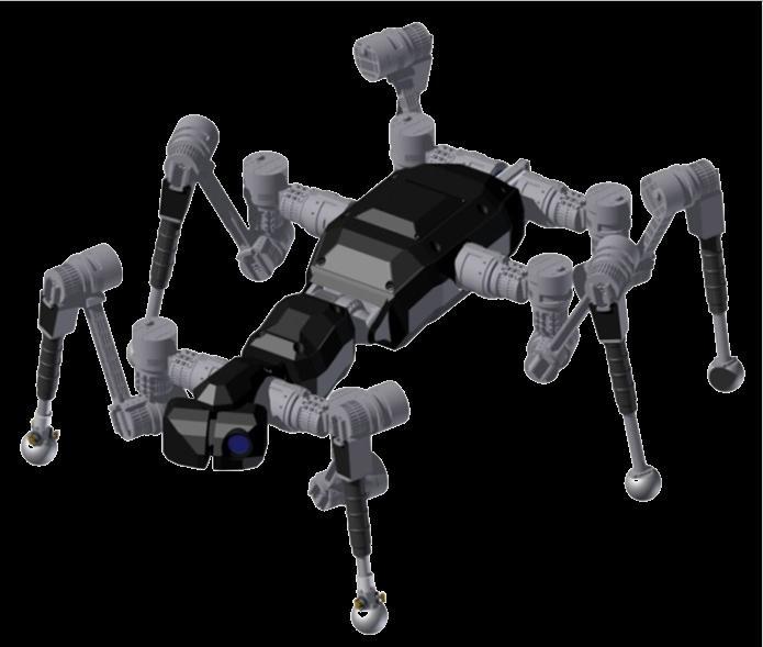 SpaceClimber Prototype Technical Data Size [LxWxH]: 820mm x 900mm x 220mm Weight: 23Kg Actuators (# = 25 x Body, 1 x Head) : Legs: 24x RoboDrive, Harmonic Drive 1:100 (6x