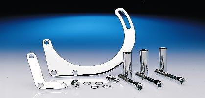 The side mount header bracket #9852 is designed to be bolted to the front header pipe, and is used in conjunction with the F-style bracket #9850, to mount the alternator.