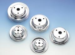 PULLEYS CHROME PLATED STEEL PULLEYS BOX PACKAGED Replace your stock black engine pulleys with a pair of chrome plated steel pulleys from Mr. Gasket.