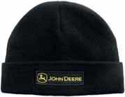 John Deere is written in the white fi let on the peak.
