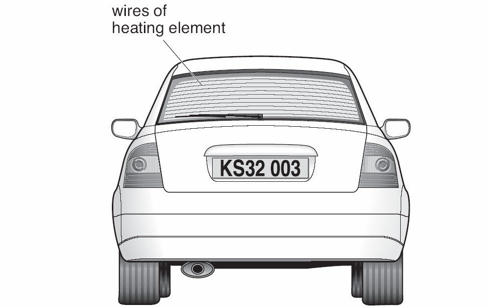 1. The back window of this car contains a heating element. The heating element is part of an electrical circuit connected to the battery of the car.