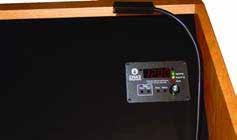 Speakers are attached to a black fabric wrapped panel. Lectern Mic input Lo-Z balanced, phantom power, XLR.