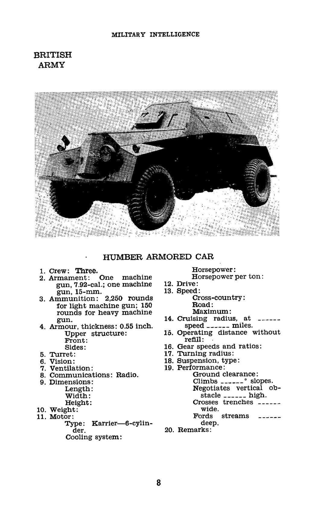 MILITARY INTELLIGENCE HUMBER ARMORED CAR 1. Crew: Three. Horsepower: 2. Armament: One machine Horsepower per ton: gun, 7.92-cal.; one machine 12. Drive: gun, 15-mm. 13. Speed: 3.