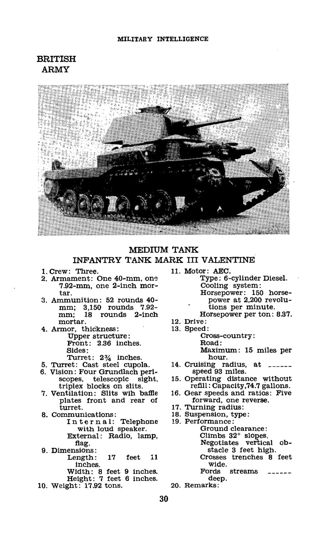 MILITARY INTELLIGENCE MEDIUM TANK INFANTRY TANK MARK III VALENTINE 1. Crew: Three. 11. Motor: AEC. 2. Armament: One 40-mm, one Type: 6-cylinder Diesel. 7.92-mm, one 2-inch mor- Cooling system: tar.