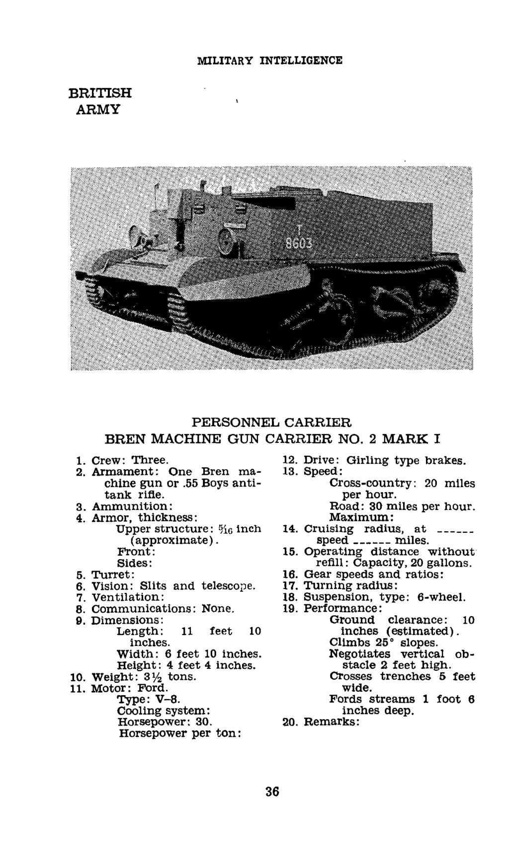MILITARY INTELLIGENCE PERSONNEL CARRIER BREN MACHINE GUN CARRIER NO. 2 MARK I 1. Crew: Three. 12. Drive: Girling type brakes. 2. Armament: One Bren ma- 13. Speed: chine gun or.