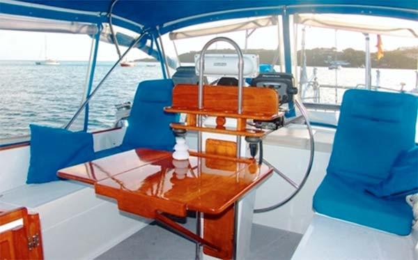 Foredeck sun/rain awning, white Stamoid. Force10 4-burner stove/oven http://www.force10.com/gas_gimballed_4burner.