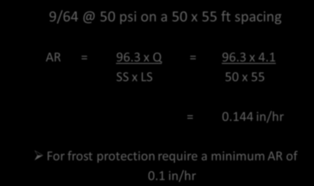 Application Rate Example 9/64 @ 50 psi on a 50 x 55 ft spacing AR = 96.3 x Q = 96.