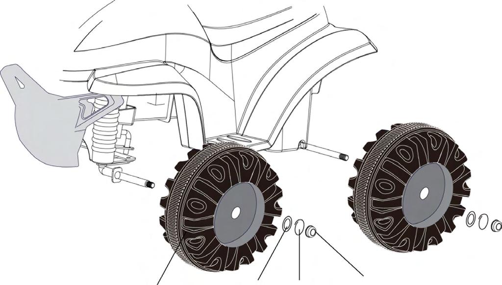 10 Wheel Assembly Wheel Flat Washer Hex Nut Split Washer 1. Remove the hex nut, split washer and small, flat washer from each axle. The large, flat washer stays on the axle. 2.
