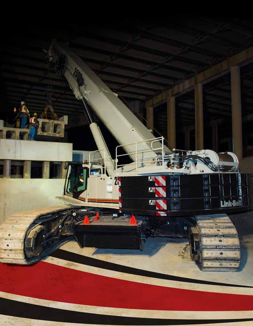 250 U.S. ton 230 metric ton Telescopic Crawler Crane 43.7-223 ft (13.3-68 m) seven section pin and latch boom 8 boom extend modes (EM1-EM8) for maximizing capacities Optional 12-40-67 ft (3.6-12.1-20.