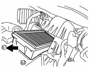 10-12 Vehicle Care 1. Push the tabs (2) in at both ends of the air cleaner/filter cover (1). 2. Pull the air cleaner/filter cover (1) up from the air cleaner/ filter assembly. 6.