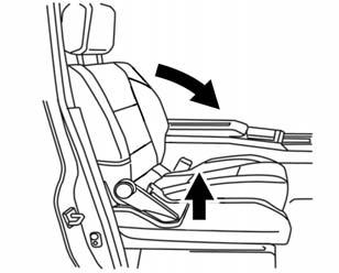 Seats and Restraints 3-7 3. Lift the lever fully and fold the seatback forward until it disengages. 4. Lift the latch on the inboard side of the seatback to release the seat. 5.