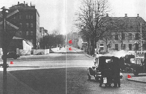 From Source 2. The German column was headed by two tanks and a motorcyclist, seen here in Nørregade (according to Source 2), only seconds before being fired at by the troops guarding the Barracks.