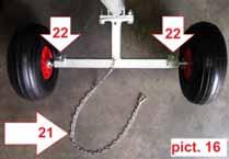 21. towing chain of the sprinkler cart 22. Bolts to adjust the track width on the sprinkler cart 28.