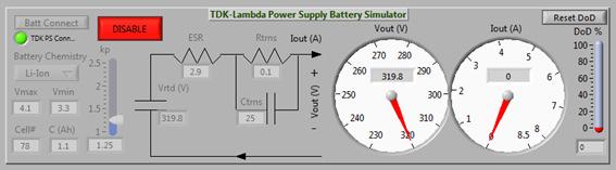 The GUI software panel for the programmable DC power supply / battery pack simulator is shown in Figure 6.