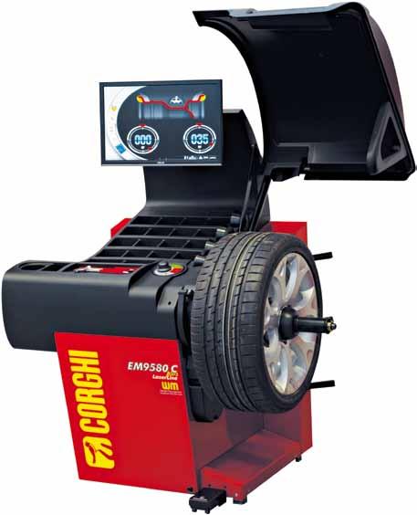 EM 9580C Plus WHEEL BALANCERS Electronic wheel balancer with 22" Wide monitor Space saving wheel guard (patent pending) designed to allow the positioning along the wall, it also permits to hold
