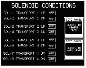 Figure 5-11: Solenoid Conditions Screen The Solenoid Conditions screen will monitor the transport up and down solenoid condition.
