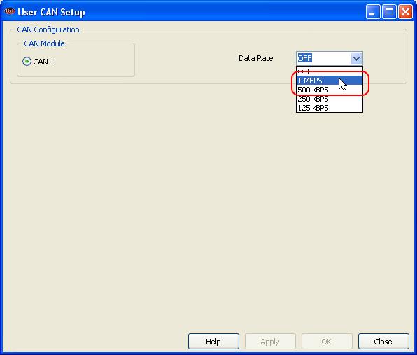 User CAN Setup panel appears: select Data Rate 1 MBPS to set it to 1MBPS or.