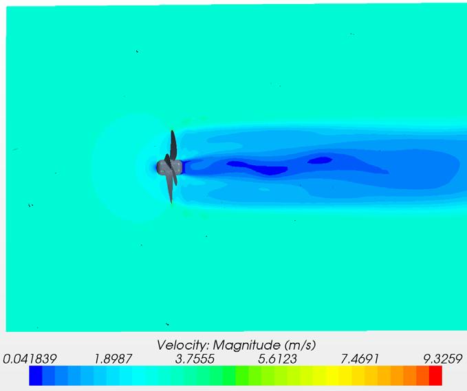 17 Figure 17. Velocity scalar plot along centerline of open-water turbine at 800 RPM.