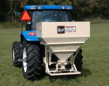 PTO 3-POINT HITCH BROADCAST SEEDERS Model 2440 For Category 2 Tractors 2440# or 32 Bushel Capacity Rotating Agitator for Even Feeding Base Plate will Pivot to center the pattern of any material, from
