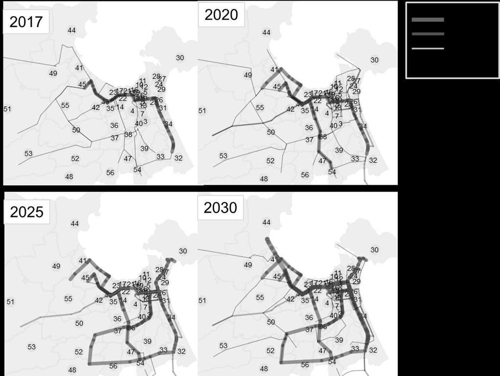 Figure 4.9: Optimised Feeder Bus Routes 3.3. Evaluation of Optimised Result Using Traffic Flow Simulation The result of evaluating the obtained feeder bus routes using STRADA is shown below.