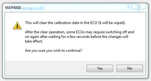 access. Click Yes. The PC will clear the ECU. ECU Send new calibration.