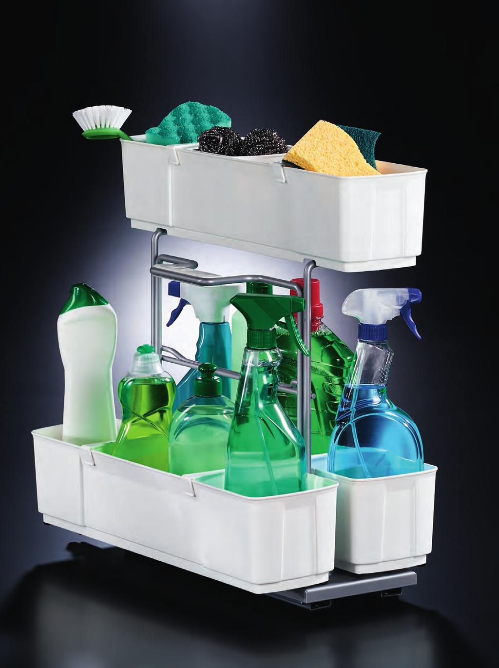 cleaningagent PICK-UP-AND-GO CLEAR THE CLUTTER THE KESSEBÖHMER cleaningagent IS FUNCTIONAL, PORTABLE AND AFFORDABLE. The caddy, complete with the clipped-on dividers, lifts right out of the pull-out.
