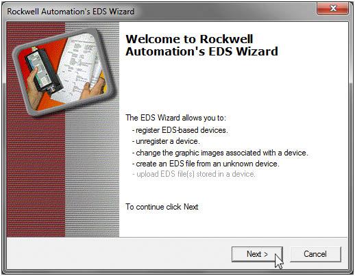 7 until the disable command 7.1.3 The EDS Wizard window opens, click Next, in the Options window select Register an EDS file(s) and click Next.