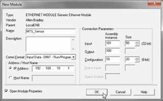 7.3.4 In the New Module window (shown below) perform steps 7.3.4.1 7.3.4.4 to configure the new generic ethernet module to the R-Series EtherNet/IP sensor.