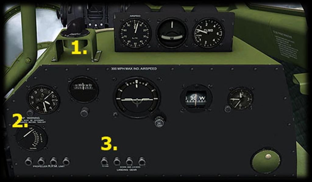 Main Panel - copilot All instruments are the same except the Flaps Position Indicator and the Landing Gear Position Lamps. 1) Instrument Lights Switch.