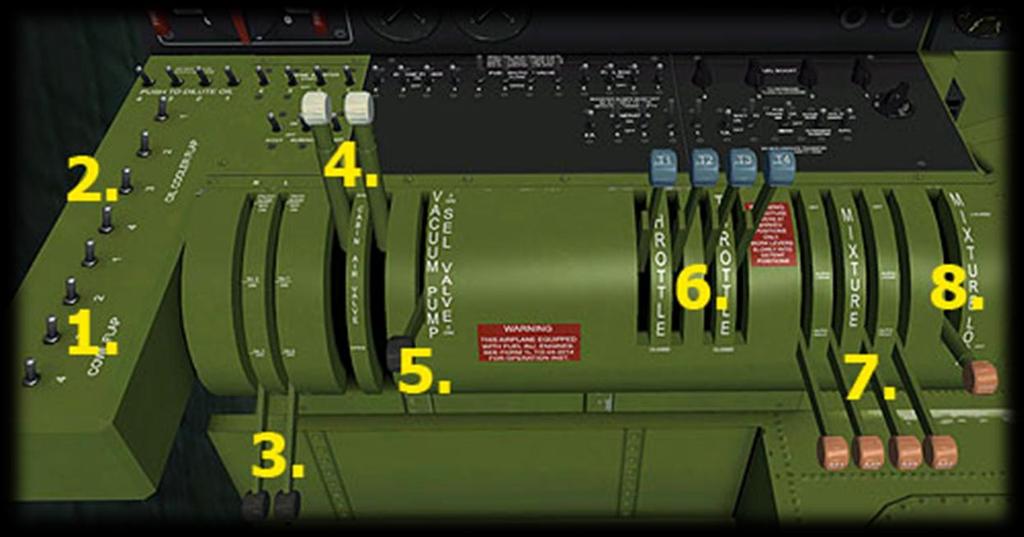Engineer s Station Levers 1) Cowl Flap Switches. Set flap position by clicking on BASE of switch. Switch is spring back type, use left (open) and right (close) click. 2) Oil Cooler Flap Switches.