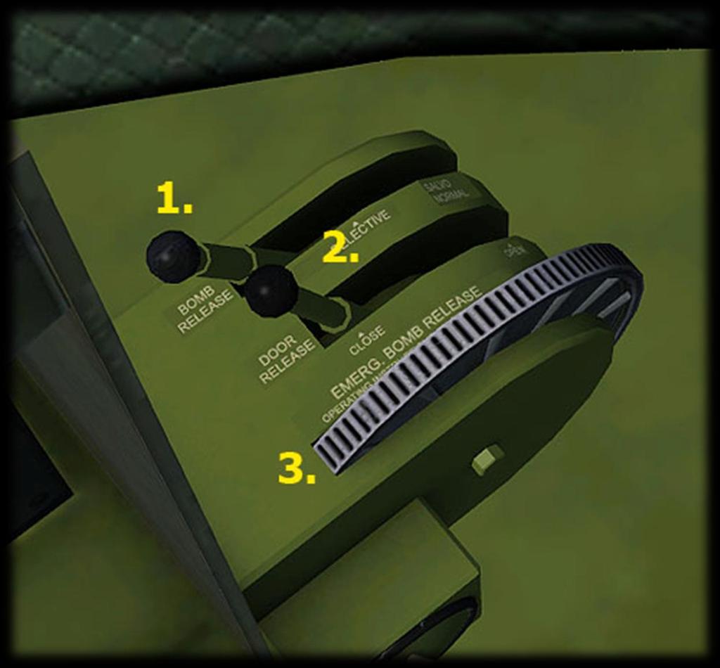 Bomb Aimer s Controls 1) Bomb Release Lever. The lever toggles the bombs visibilty, so when clicked, the lever will move and the bombs will disappear.