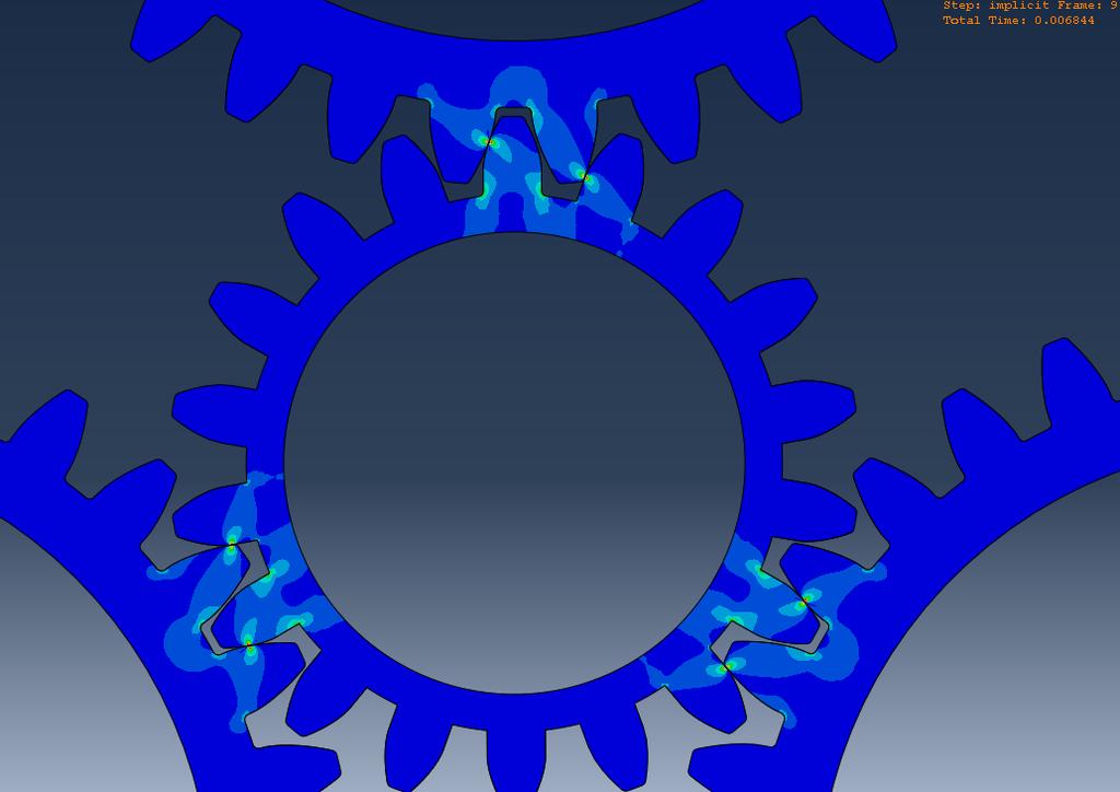 37 Figure 7: Planetary Gear Set Meshing Teeth with Biased Color Scale (Scale factor = 1.0) With the implicit dynamic model, it is possible to see how stresses change as the gear rotates.