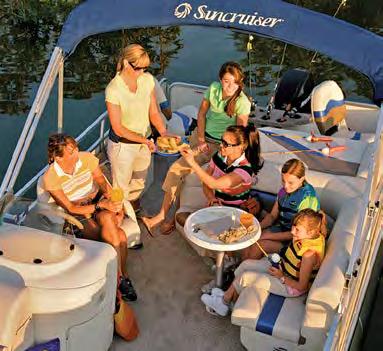 We include 2 fishing seats, livewell, rod locker (202), and tackle box. For comfort, there s an L lounge with pedestal table, barrel helm chair, sundeck and bow lounges (222).