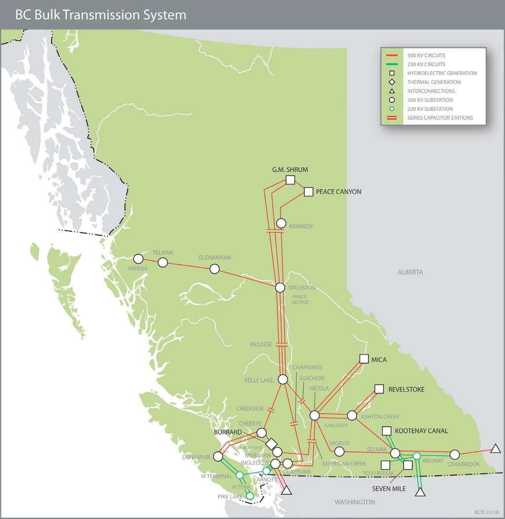BC Hydro s TRANSMISSION SYSTEM Electricity is moved throughout the province via an interconnected grid of: Over