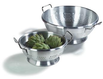 COLANDERS, BOWLS, DREDGES & SKIMMERS Colanders Seamless satin finish aluminum construction with rolled top edge for extra strength Sturdy handles are securely riveted on sides Available in extra