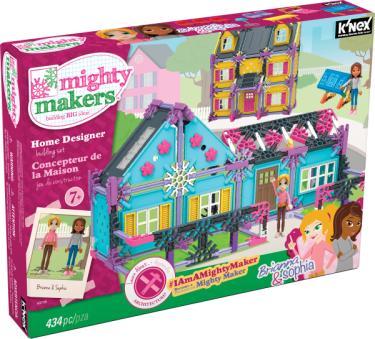 The Mighty Makers Home Designer Building Set invites builders to follow the included blue prints, and join Brianna and Sophia as they build different houses -- a Colonial, a brownstone, or a cottage.