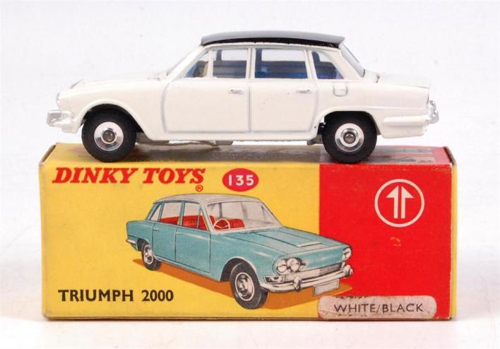 1994 Dinky, France 548 Fiat 1800 Familiale Estate car, pale yellow body, black roof, red interior, one wheel tarnished (VG-NM,BVG) 70-90 1995 Dinky, rare issue, 135 Triumph 2000 saloon, promotional