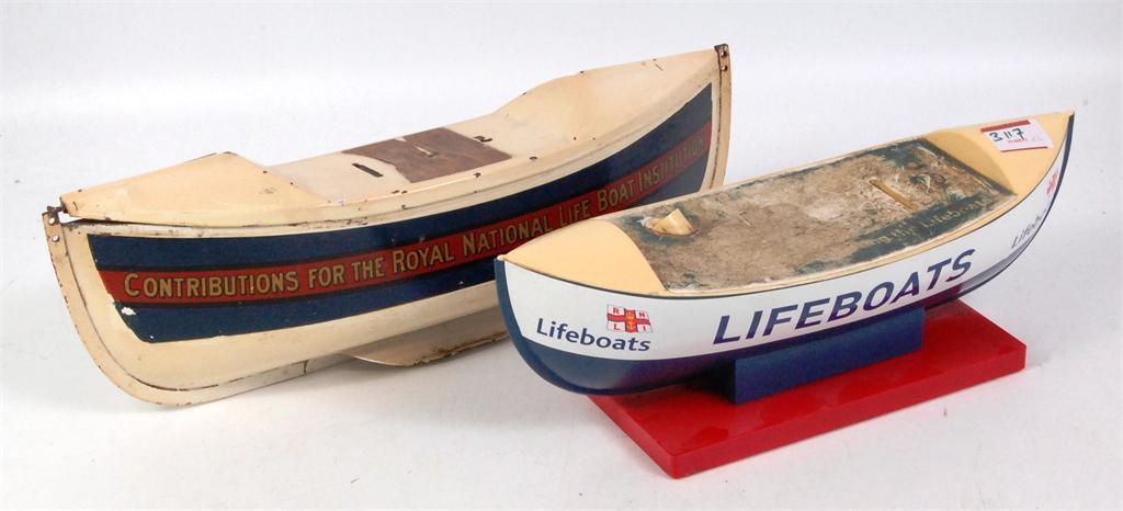 lifeboats, pressed steel collecting tin, key missing, plus a plastic example 30-40 Colman's Mustard miniature (2" tall) (F-G), Rowntree's Coronation 1902 (F), Sharp's Toffee Milk Churn (P), CWS