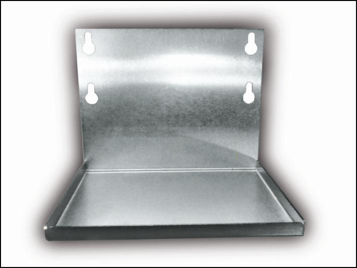 The mini air pump shelf bracket (Figure 8) is made of strong, 11 gauge, 304 stainless steel, with all corners rounded and has a vibratory finish. The shelf dimension is 6 x 7.5 with 7/16 lip.