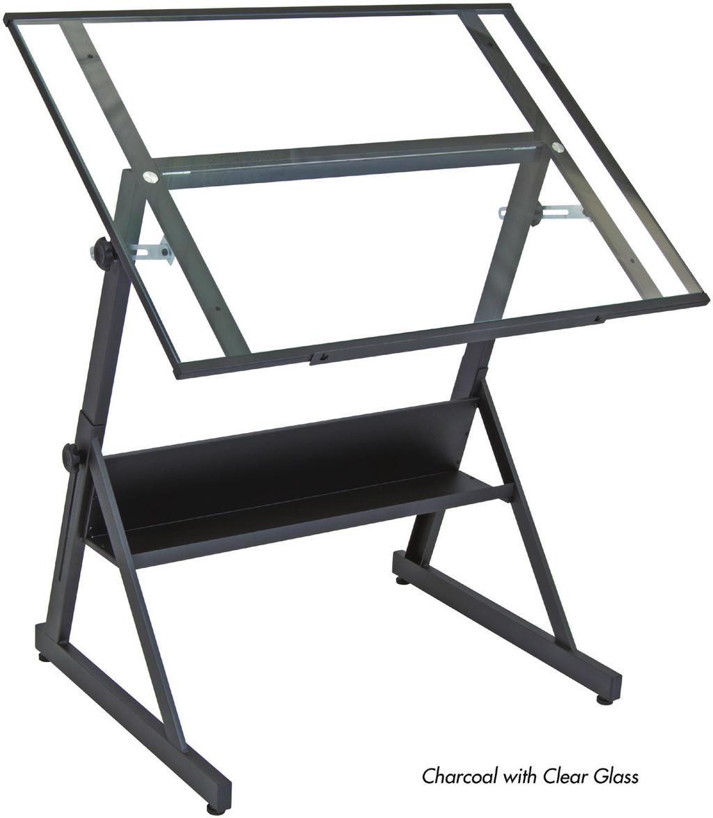 Solano Artist Station Overall Dimensions: 106,5 W x 75 cm D Height Adjusts from 74 to 100 cm Angle Adjusts from Flat to 80 Degrees Clear Glass Top: 105,5 W x 71 cm D Storage Shelf: 84 W x 16 D cm