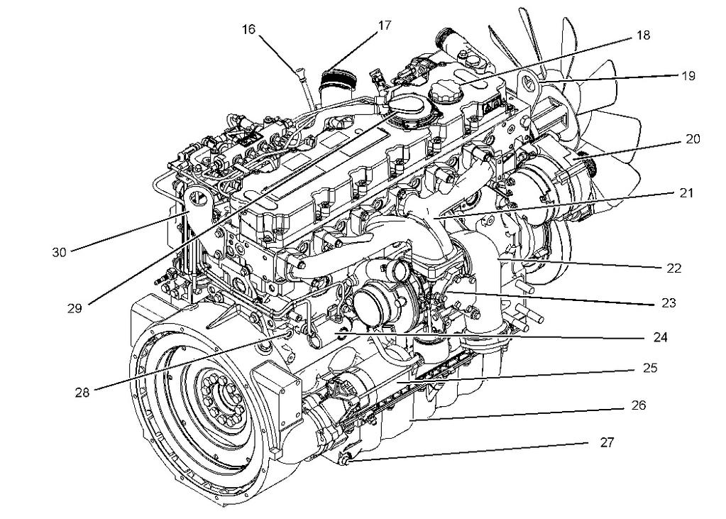 Illustration 1 g01391892 Front left engine view, (1) Fuel manifold (Rail), (2) Canister for the crankcase breather, (3) Electronic control module, (4) P2 connector, (5) Secondary fuel filter, (6)