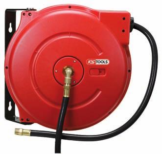 00 Automatic compressed air hose reel Ø 6 mm x 15 m With wall mounting bracket For compressed air and water Drum 180 freely tiltable by means of wall mounting Flexible, crush resistant polyurethane