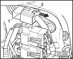 72-16 Fig. 2 Disconnecting connector for side airbag (from m.y. 1999) - Press catch -2- and pull out connector in direction of arrow.