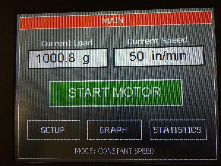 TOUCH SCREEN FORMAT MAIN SCREEN Current Load displays the force currently measured by the load cell. Current Speed displays the set speed of the chain. Setup will display all setup options.