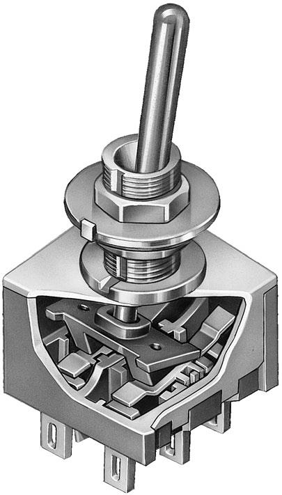 Miniature Distinctive haracteristics Series M ntirotation design, standard on noncylindrical levers, mates toggle and bushing; bottom of toggle has two flatted sides which fit into a complementary